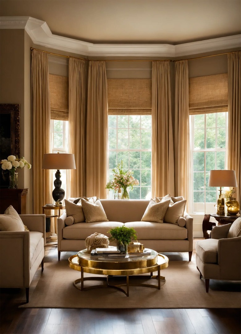 Интерьер гостиной в стиле неоклассики с элегантным диваном благородного бежевого оттенка.
                    Изображение создано нейросетью.