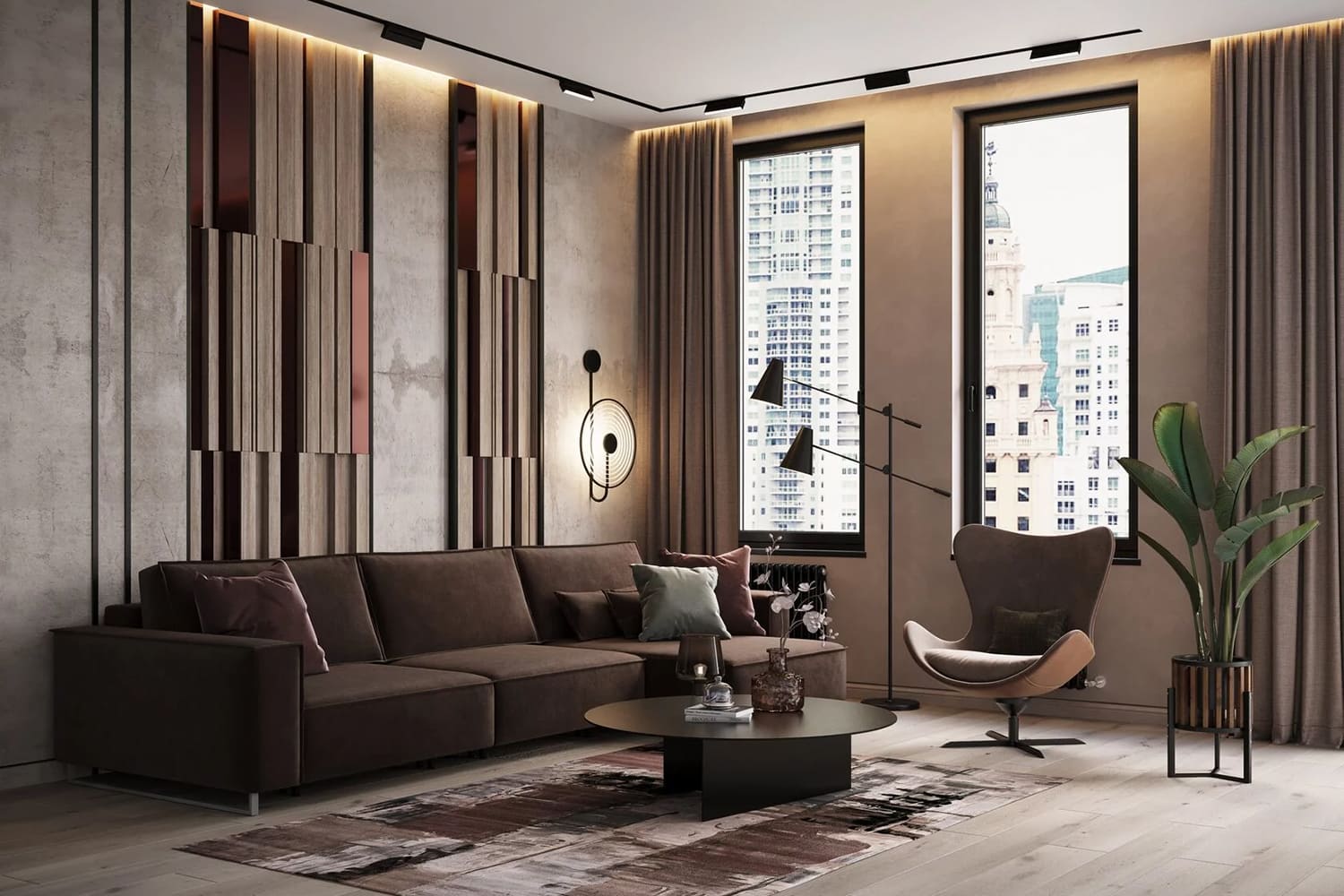 Интерьер гостиной с четкой геометрией. Диван на фото — MOON
                    176