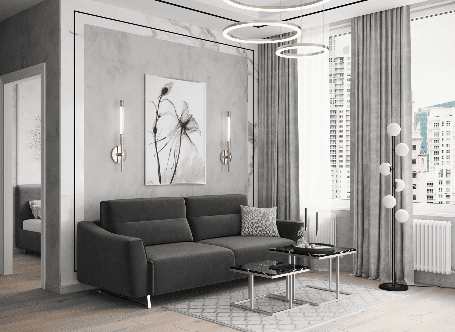 Диван со смелым силуэтом MOON 172 в
        интерьере ар-деко.